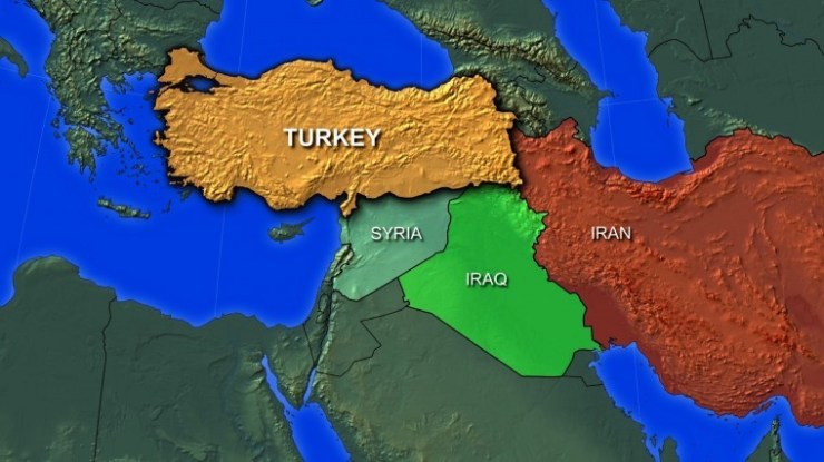 Iran, Iraq, Syria, Turkey map.